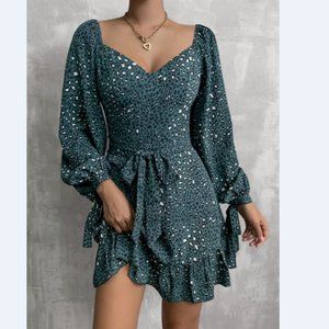 Leopard Tie Cuff Ruffle Hem Belted Dress